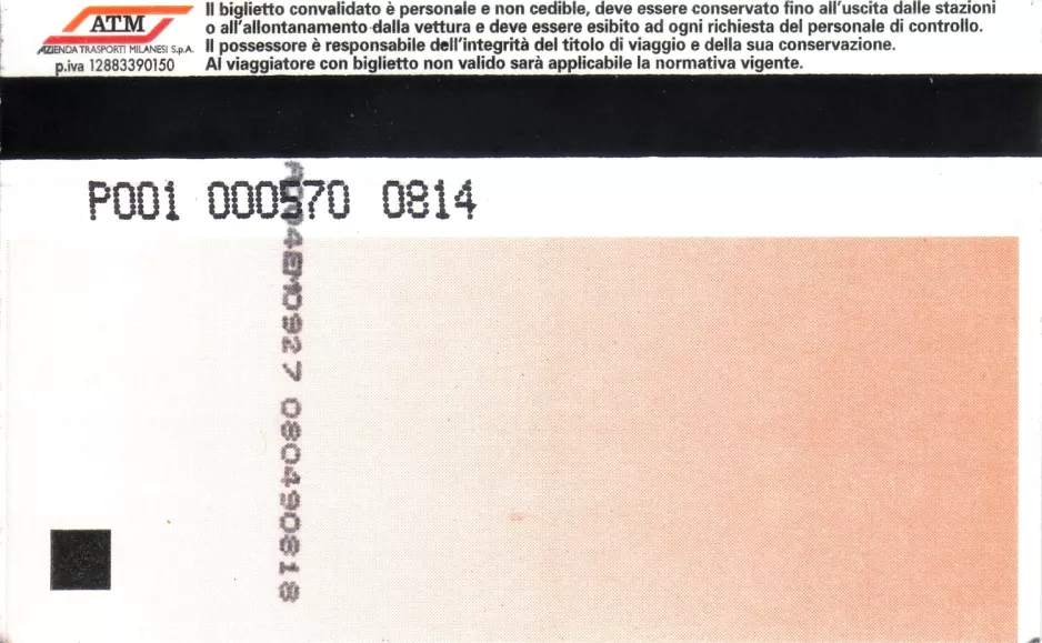 Touristkort til Azienda Trasporti Milanesi (ATM), bagsiden (2009)