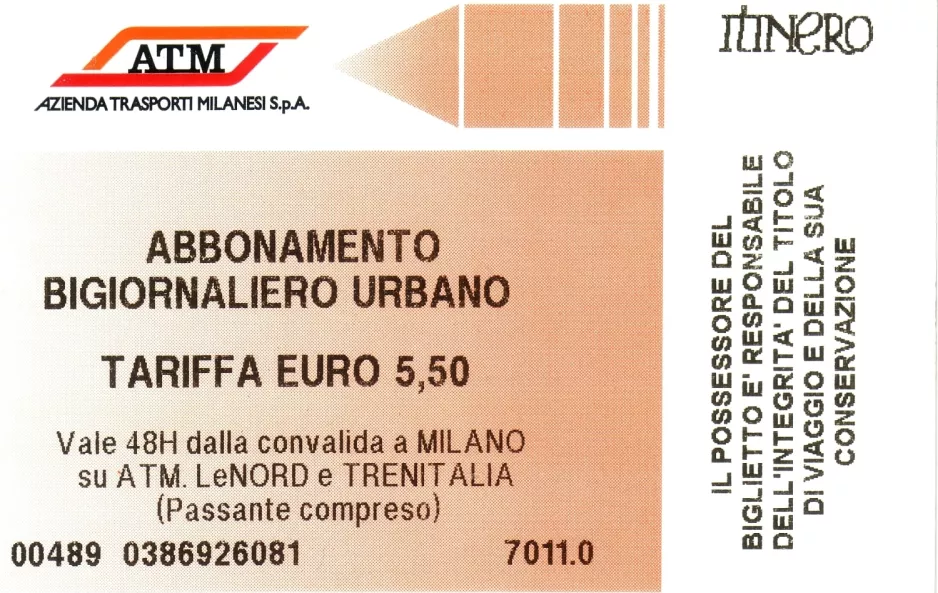 Touristkort til Azienda Trasporti Milanesi (ATM), forsiden (2009)