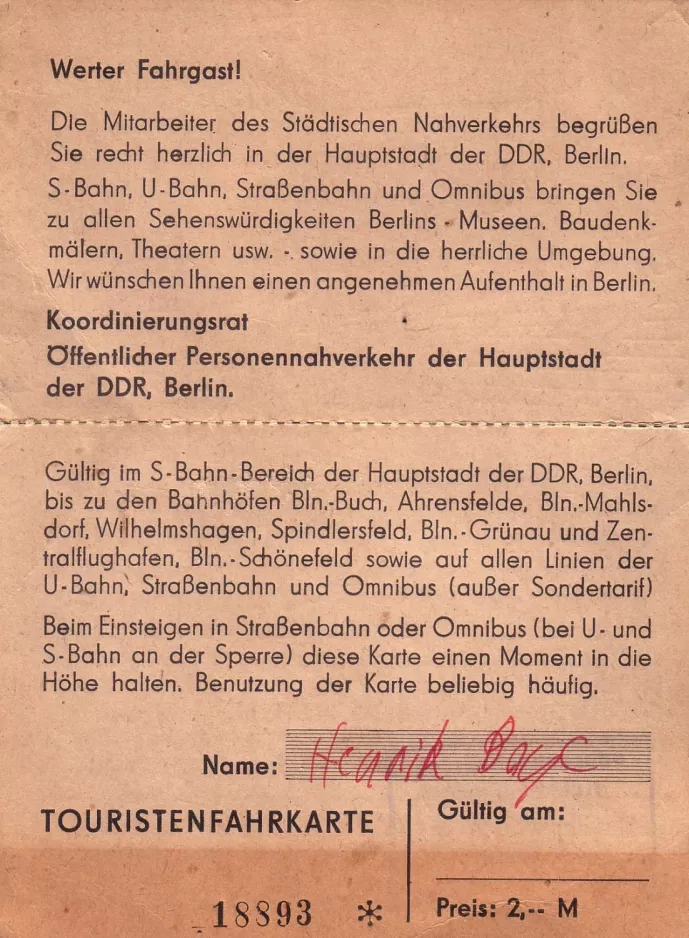 Touristkort til Berliner Verkehrsbetriebe (BVG), bagsiden (1986)