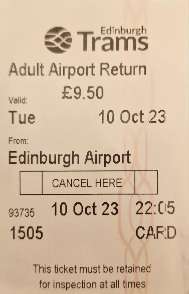 Voksen tur/retur billet til Edinburgh Trams (2023)