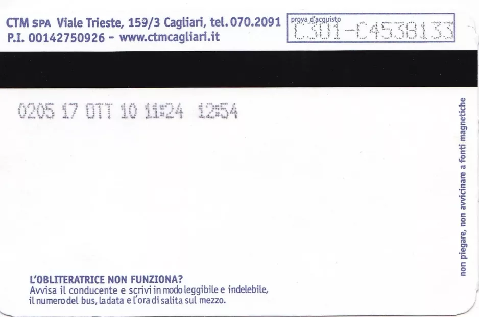 Voksenbillet til Azienda Regionale Sarda Trasporti in Cagliari (ARST), bagsiden (2010)