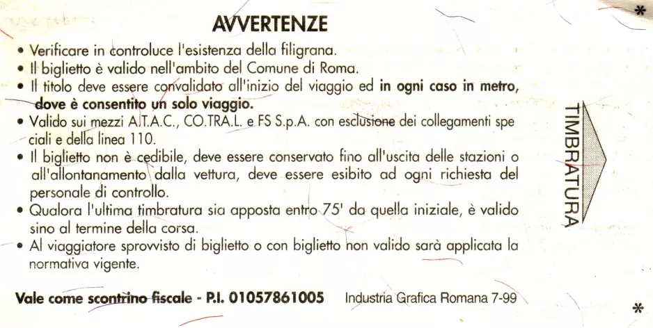 Voksenbillet til Azienda Tramvie e Autobus del Comune di Roma (ATAC), bagsiden (1999)