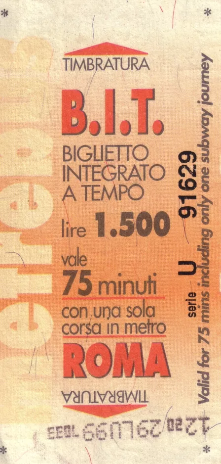 Voksenbillet til Azienda Tramvie e Autobus del Comune di Roma (ATAC), forsiden (1999)