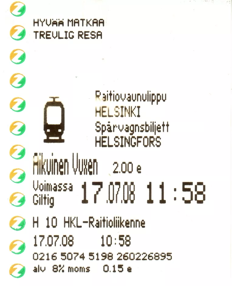 Voksenbillet til Kaupunkiliikenne / Stadstrafik, forsiden (2008)