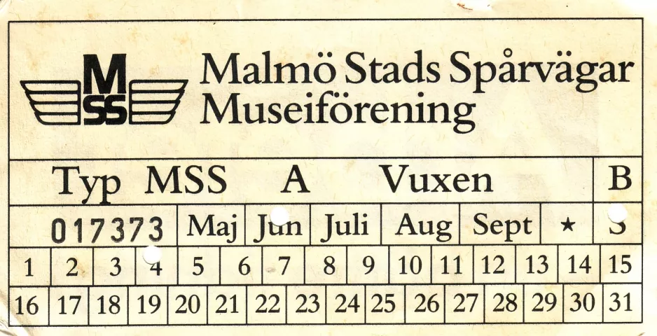 Voksenbillet til Malmö Stads Spårvägar (MSS), forsiden (1990)