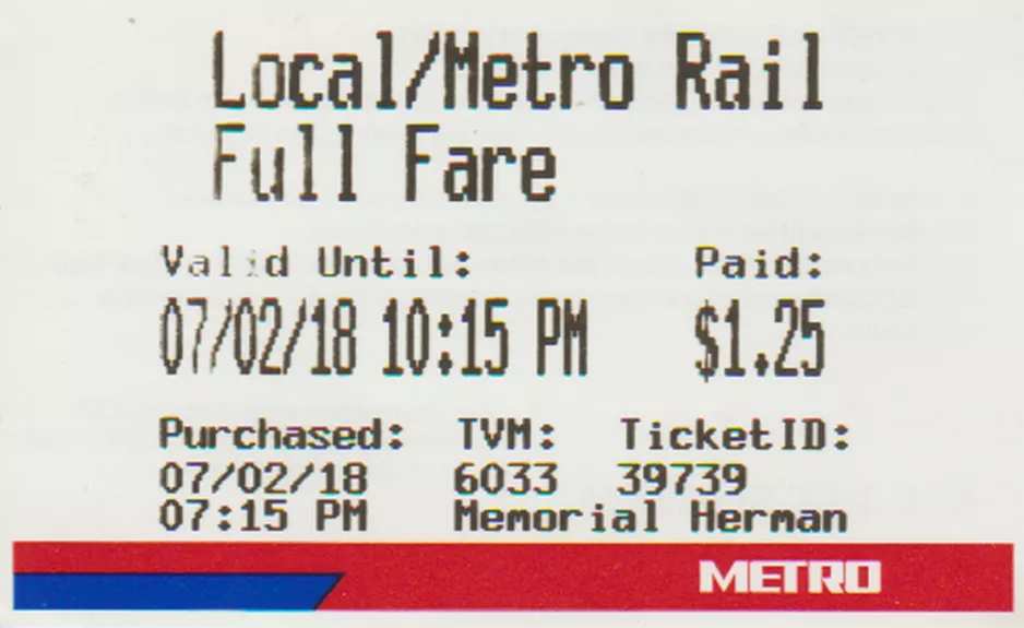 Voksenbillet til Metropolitan Transit Authority of Harris County (METROrail) (2018)