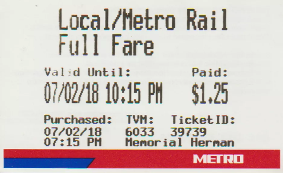 Voksenbillet til Metropolitan Transit Authority of Harris County (METROrail), forsiden Lokal/Metro Rail (2018)