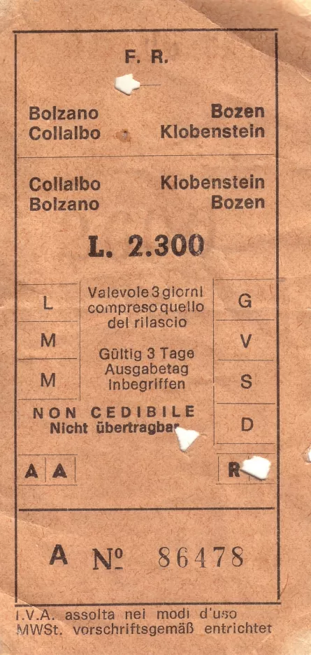 Voksenbillet til Südtiroler Autobus Dienst (SAD) (1982)
