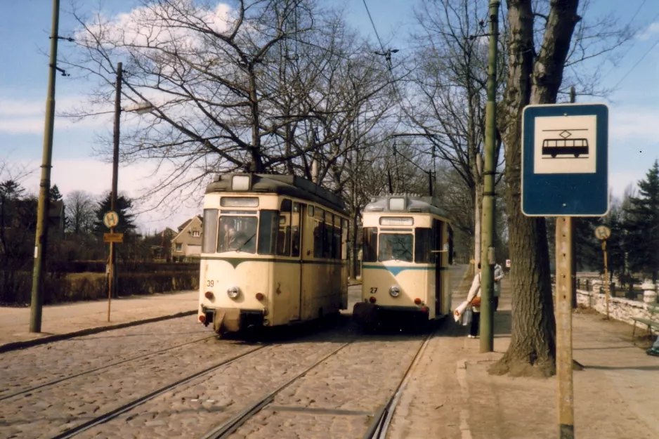 Woltersdorf sporvognslinje 87 med motorvogn 39 ved Thälmannplatz (1986)