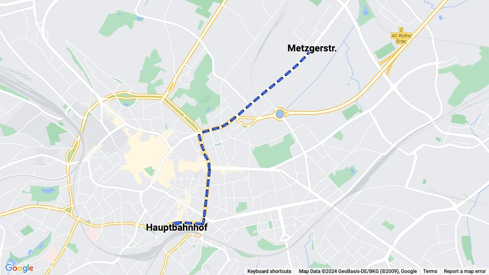 Aachen sporvognslinje 1: Metzgerstr. - Hauptbahnhof linjekort