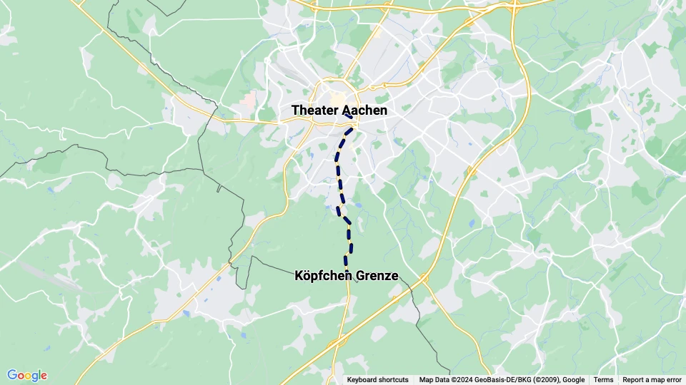 Aachen sporvognslinje 14: Köpfchen Grenze - Theater Aachen linjekort