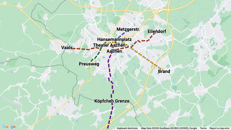 Aachener Straßenbahn und Energieversorgung (ASEAG) linjekort