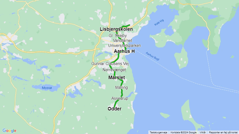 Aarhus letbanelinje L2: Odder - Lystrup linjekort