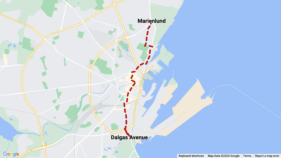 Aarhus sporvognslinje 1: Marienlund - Dalgas Avenue linjekort