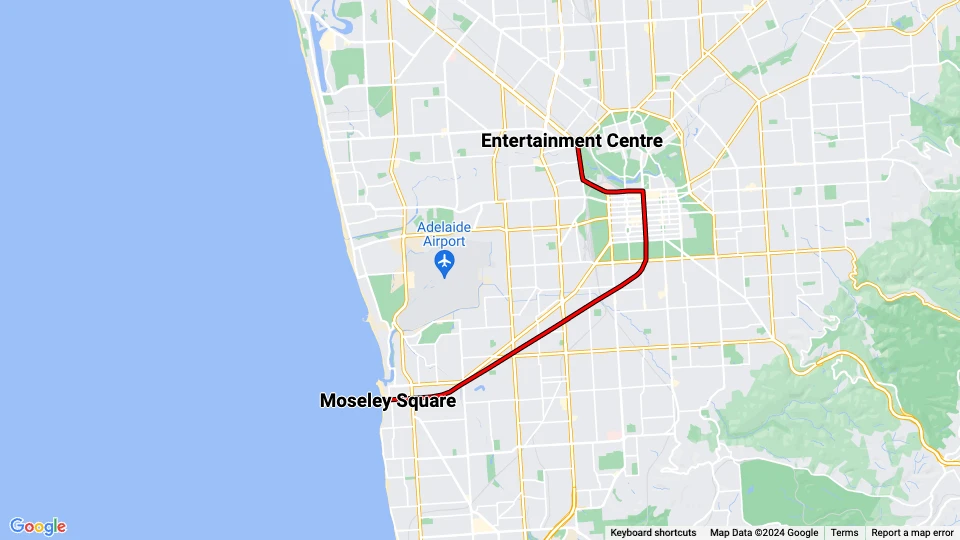 Adelaide Glenelg Tram: Entertainment Centre - Moseley Square linjekort