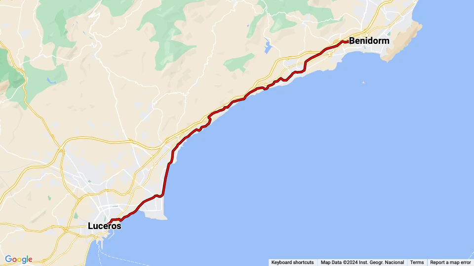Alicante regionallinje L1: Luceros - Benidorm linjekort