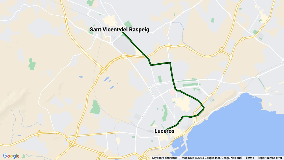 Alicante sporvognslinje L2: Luceros - Sant Vicent del Raspeig linjekort