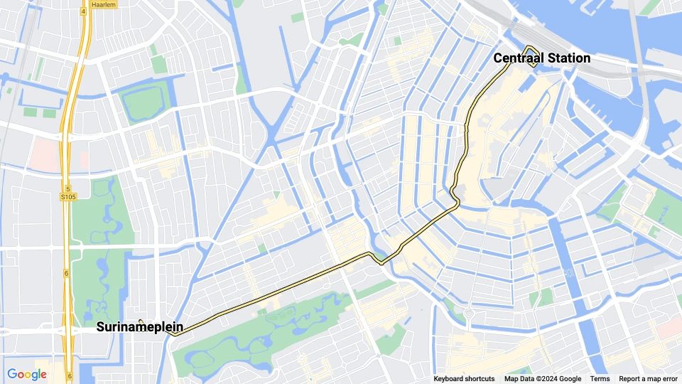 Amsterdam ekstralinje 11: Centraal Station - Surinameplein linjekort