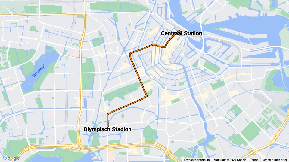 Amsterdam lejlighedslinje 23: Centraal Station - Olympisch Stadion linjekort