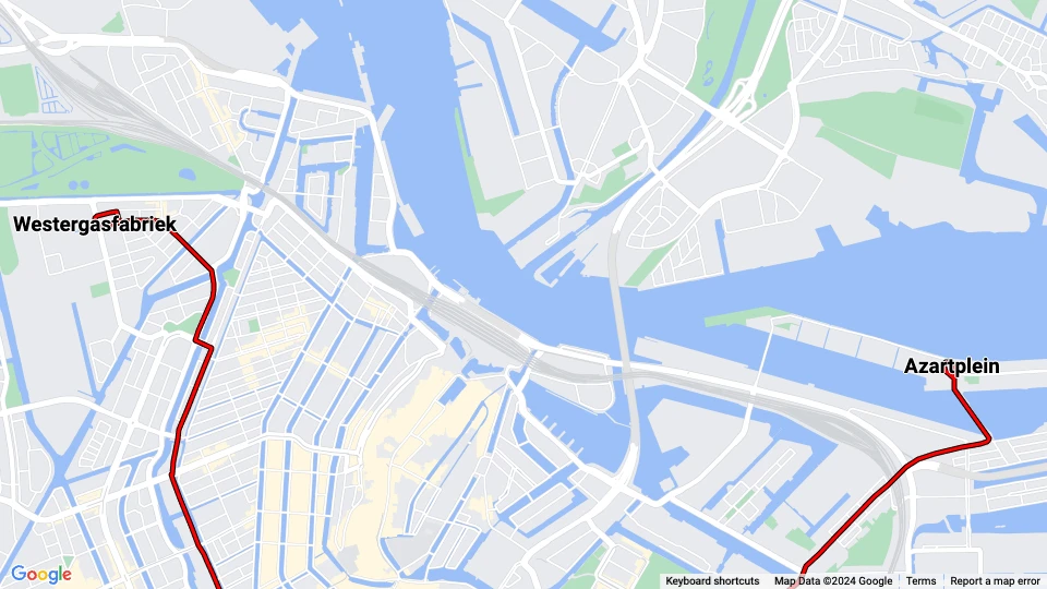 Amsterdam sporvognslinje 10: Westergasfabriek - Azartplein linjekort