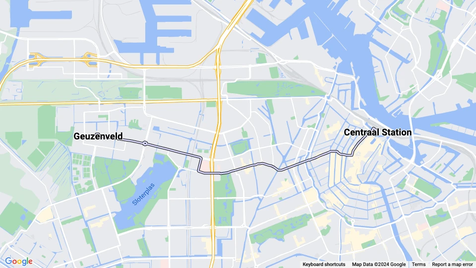 Amsterdam sporvognslinje 13: Centraal Station - Geuzenveld linjekort
