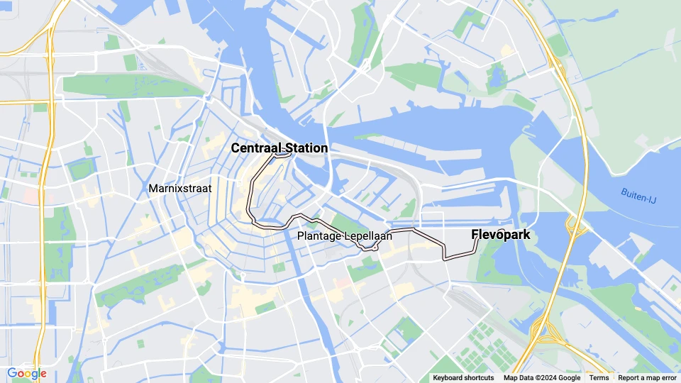 Amsterdam sporvognslinje 14: Centraal Station - Flevopark linjekort