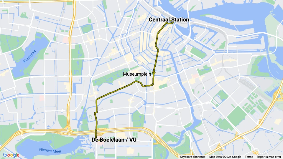 Amsterdam sporvognslinje 16: Centraal Station - De Boelelaan / VU linjekort