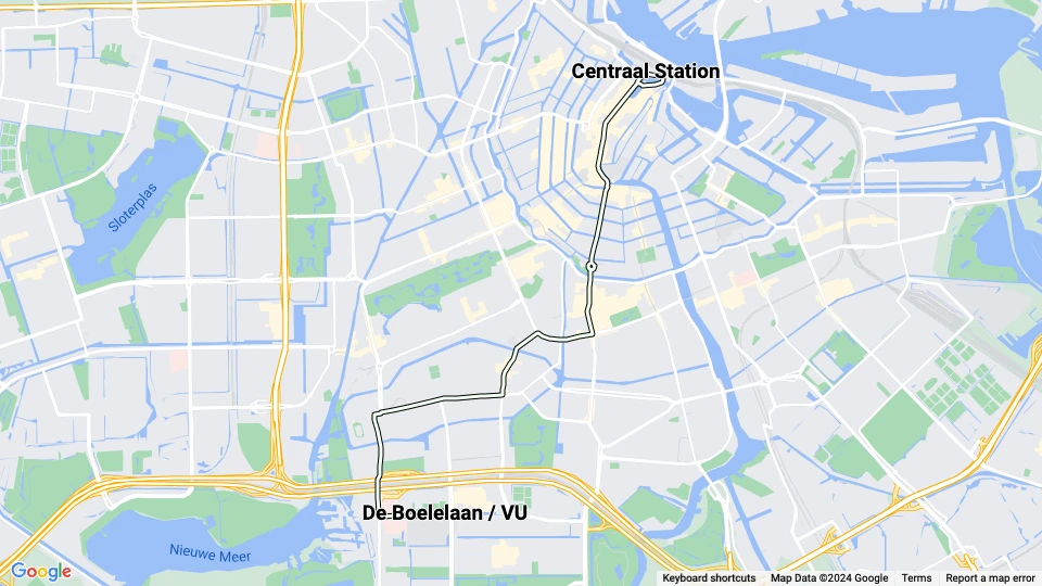 Amsterdam sporvognslinje 24: Centraal Station - De Boelelaan / VU linjekort