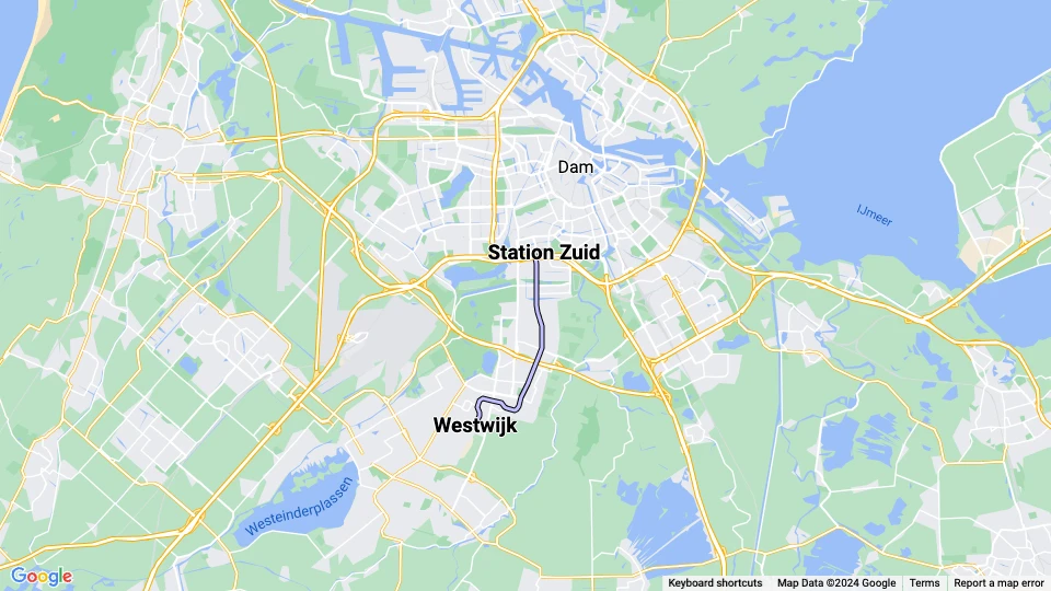Amsterdam sporvognslinje 25: Westwijk - Station Zuid linjekort