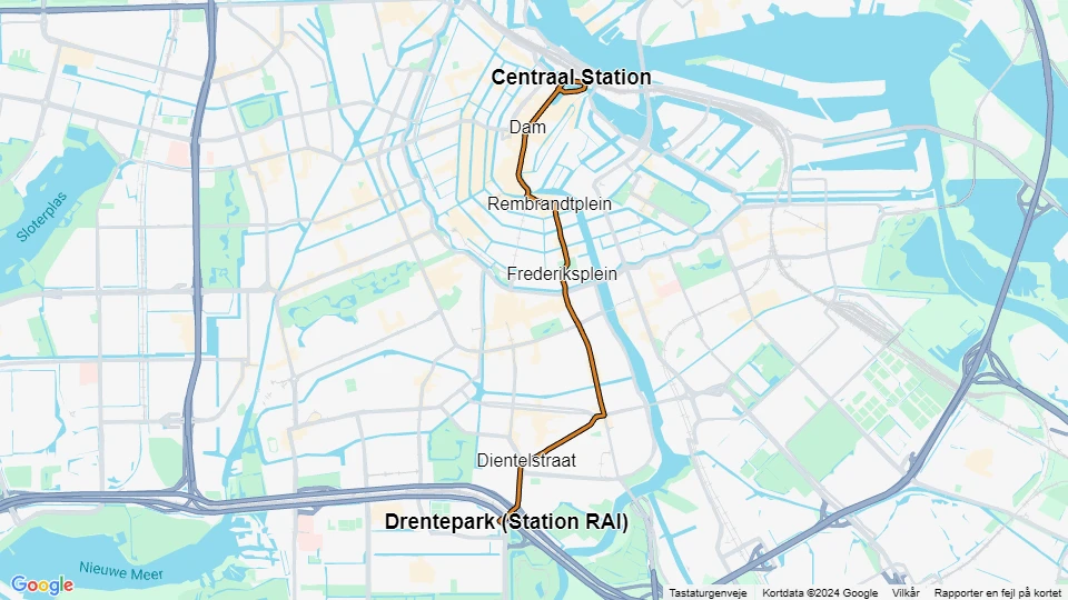 Amsterdam sporvognslinje 4: Centraal Station - Drentepark linjekort