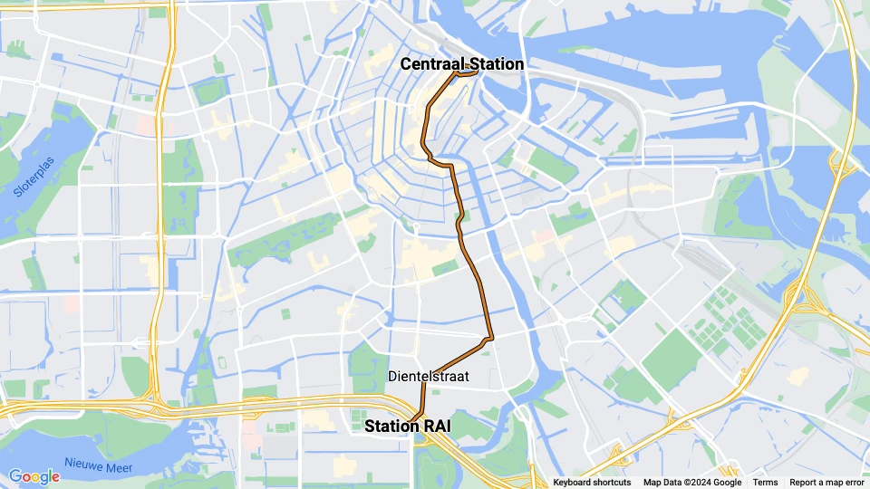 Amsterdam sporvognslinje 4: Centraal Station - Station RAI linjekort