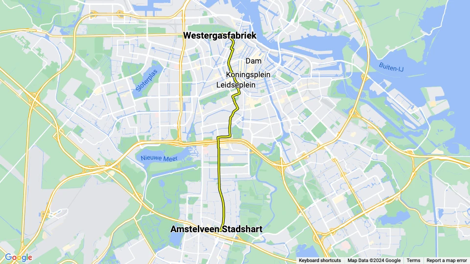 Amsterdam sporvognslinje 5: Westergasfabriek - Amstelveen Stadshart linjekort