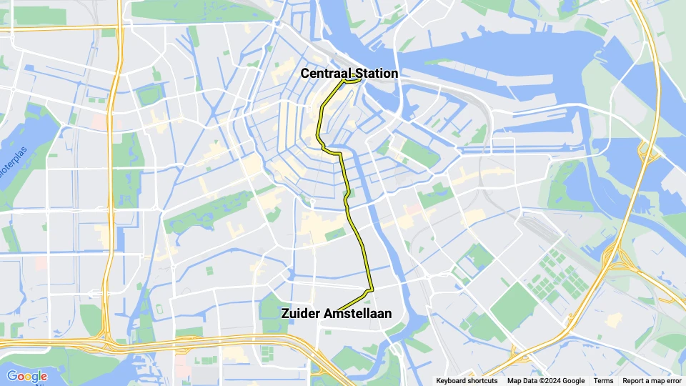 Amsterdam sporvognslinje 8: Centraal Station - Zuider Amstellaan linjekort