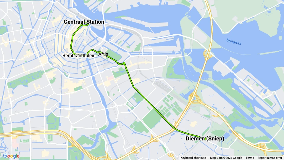 Amsterdam sporvognslinje 9: Centraal Station - Diemen (Sniep) linjekort