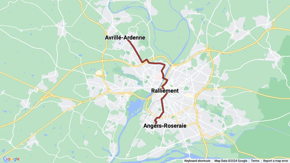 Angers sporvognslinje A: Angers-Roseraie - Avrillé-Ardenne linjekort