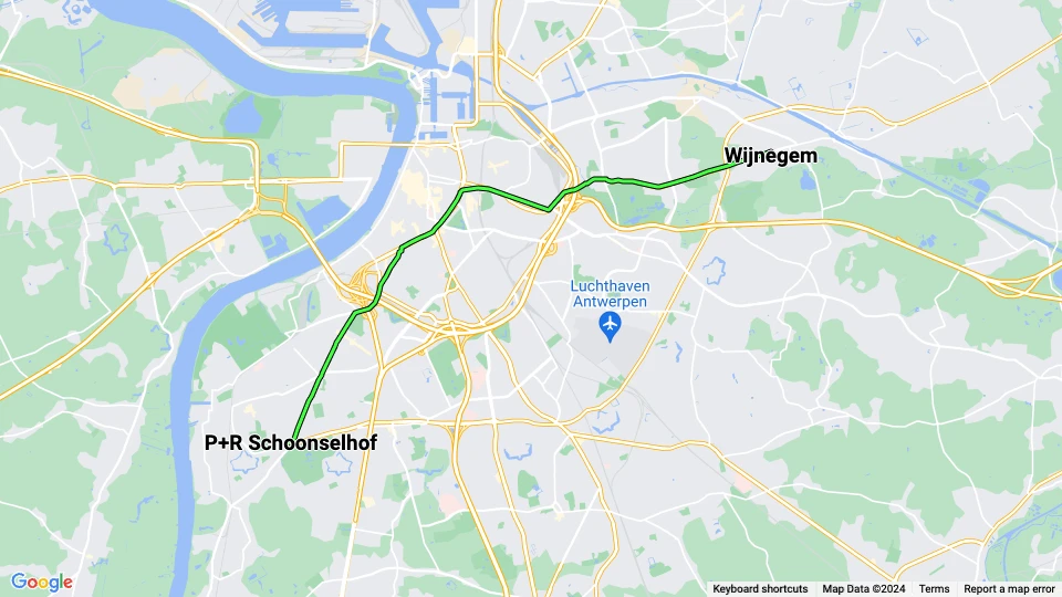 Antwerpen sporvognslinje 10: Wijnegem - P+R Schoonselhof linjekort