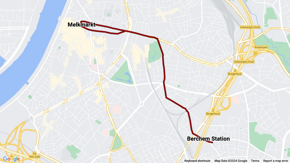 Antwerpen sporvognslinje 11: Berchem Station - Melkmarkt linjekort