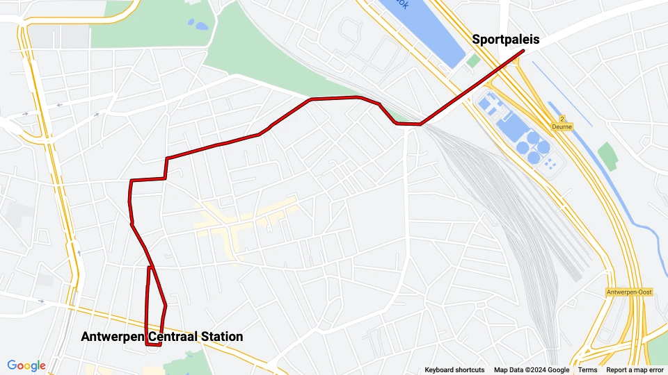 Antwerpen sporvognslinje 12: Sportpaleis - Antwerpen Centraal Station linjekort