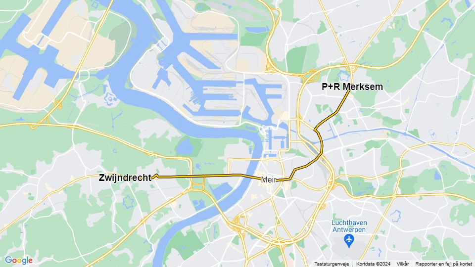 Antwerpen sporvognslinje 3: P+R Merksem - Zwijndrecht linjekort