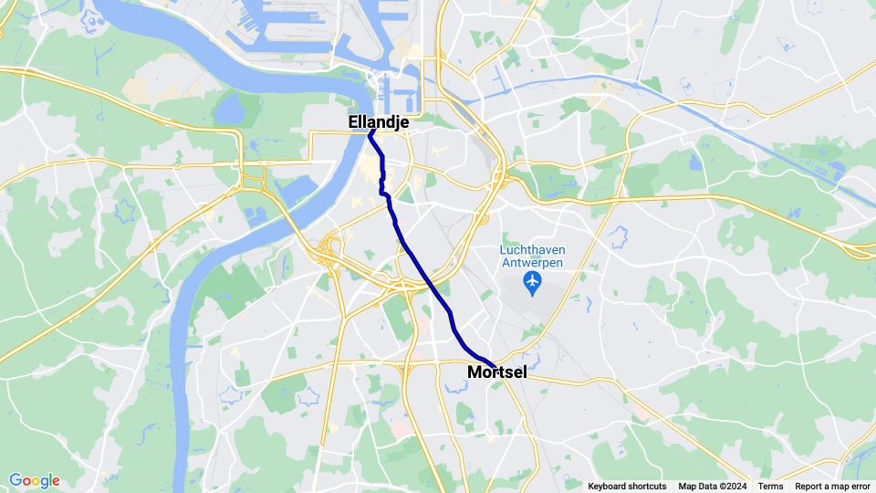 Antwerpen sporvognslinje 7: Mortsel - Ellandje linjekort