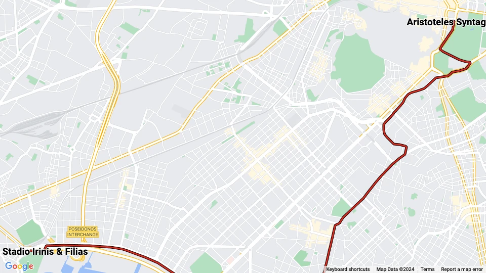Athen sporvognslinje 4 Rød: S.E.F Stadio Irinis & Filias - Aristoteles Syntagma linjekort