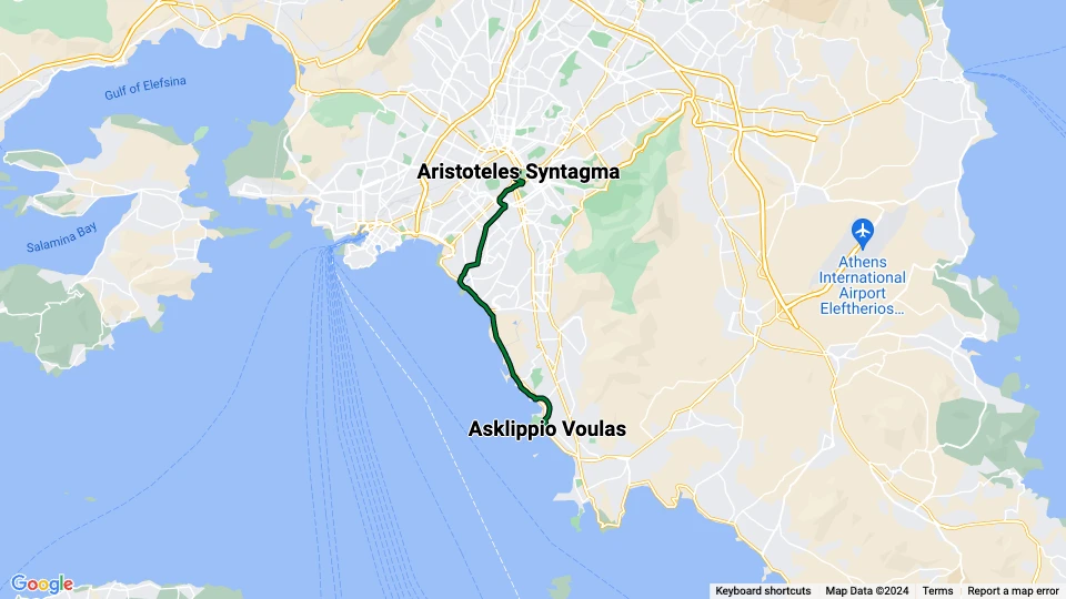 Athen sporvognslinje 5 Grøn: Asklippio Voulas - Aristoteles Syntagma linjekort