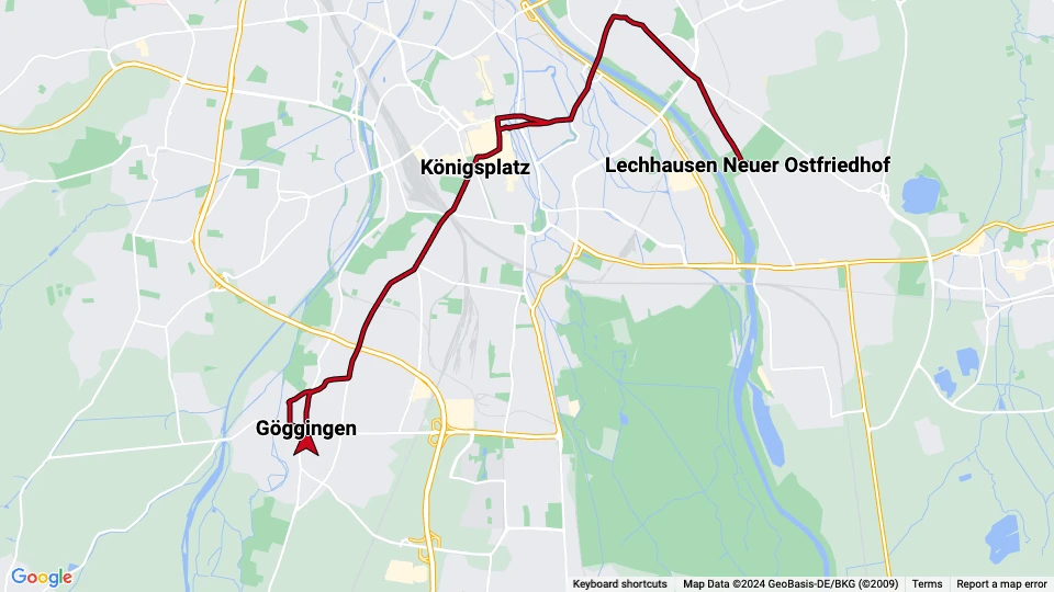 Augsburg sporvognslinje 1: Lechhausen Neuer Ostfriedhof - Göggingen linjekort