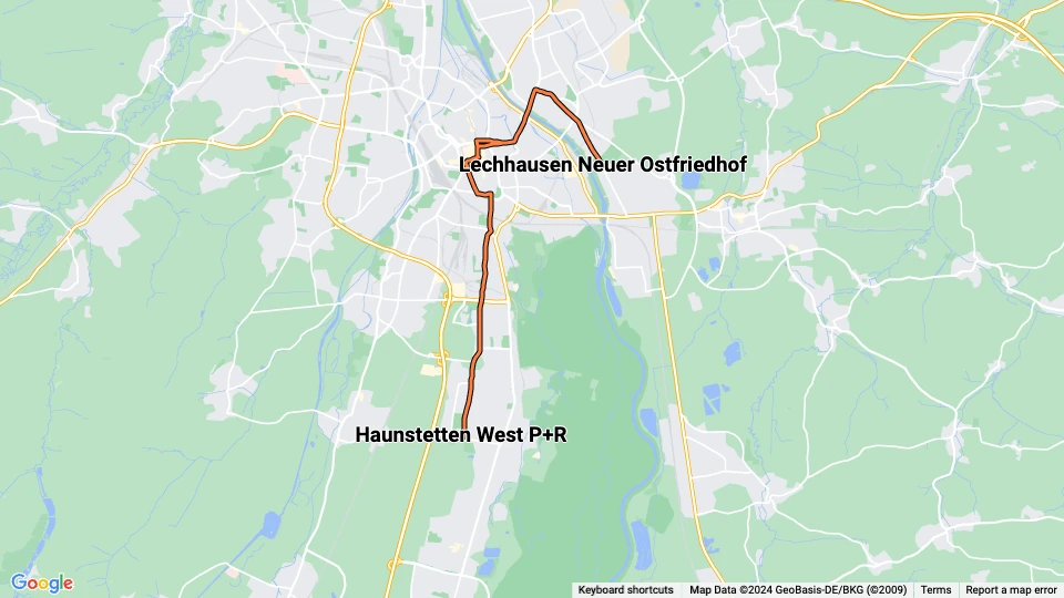 Augsburg sporvognslinje 13: Lechhausen Neuer Ostfriedhof - Haunstetten West P+R linjekort