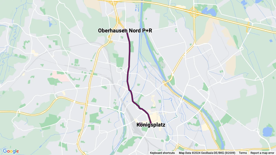 Augsburg sporvognslinje 4: Oberhausen Nord P+R - Hauptbahnhof linjekort