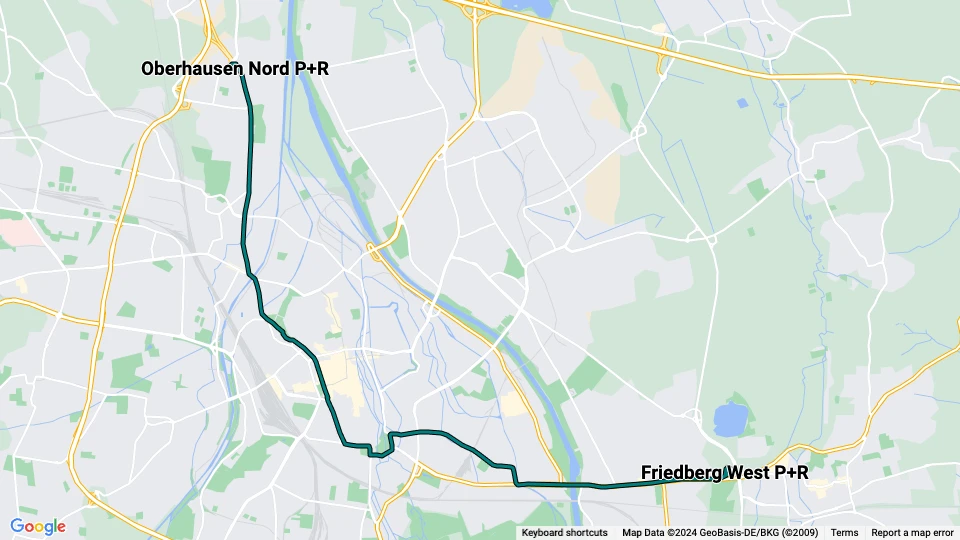 Augsburg sporvognslinje 64: Friedberg West P+R - Oberhausen Nord P+R linjekort