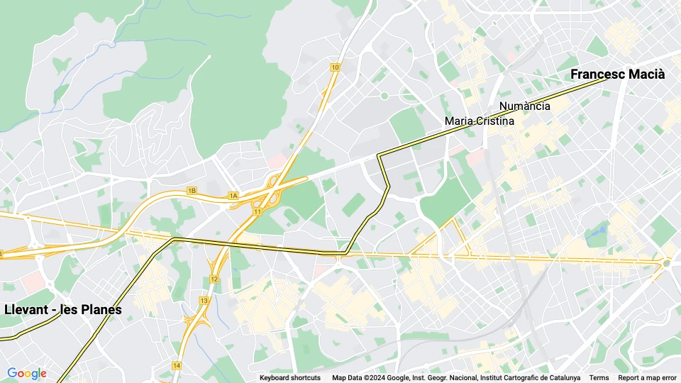 Barcelona sporvognslinje T2: Francesc Macià - Llevant - les Planes linjekort