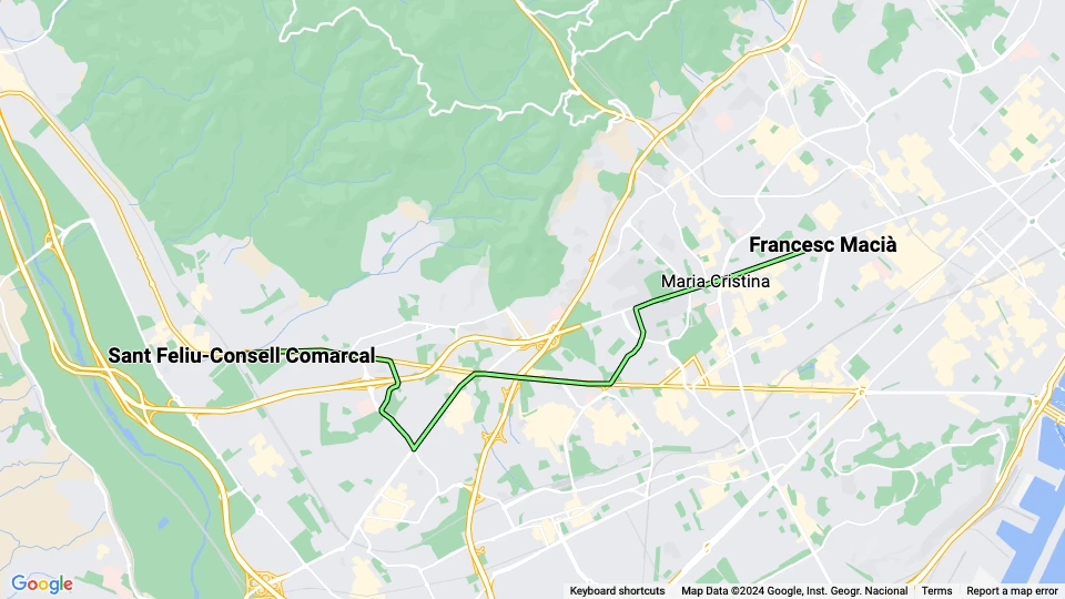 Barcelona sporvognslinje T3: Francesc Macià - Sant Feliu-Consell Comarcal linjekort