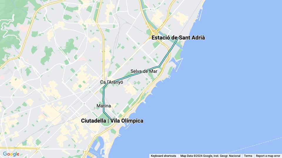 Barcelona sporvognslinje T4: Estació de Sant Adrià - Ciutadella | Vila Olímpica linjekort