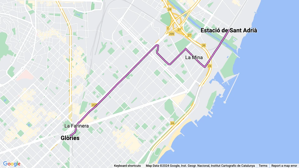 Barcelona sporvognslinje T6: Estació de Sant Adrià - Glòries linjekort